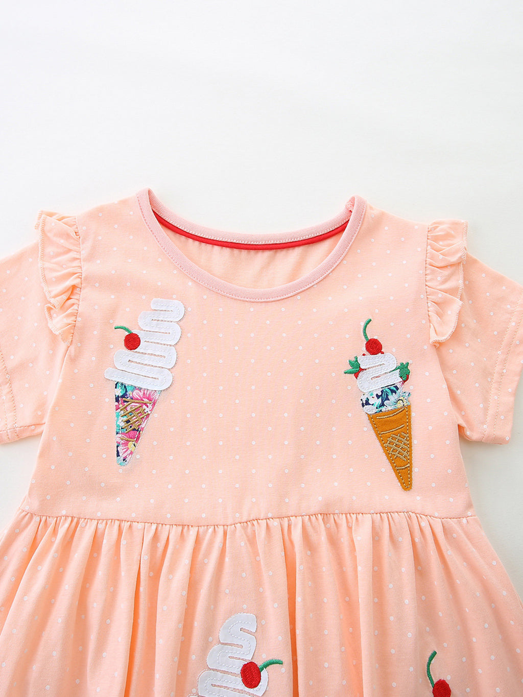Ice Cream Applique Round Neck Dress in Watermelon Pink for Girls