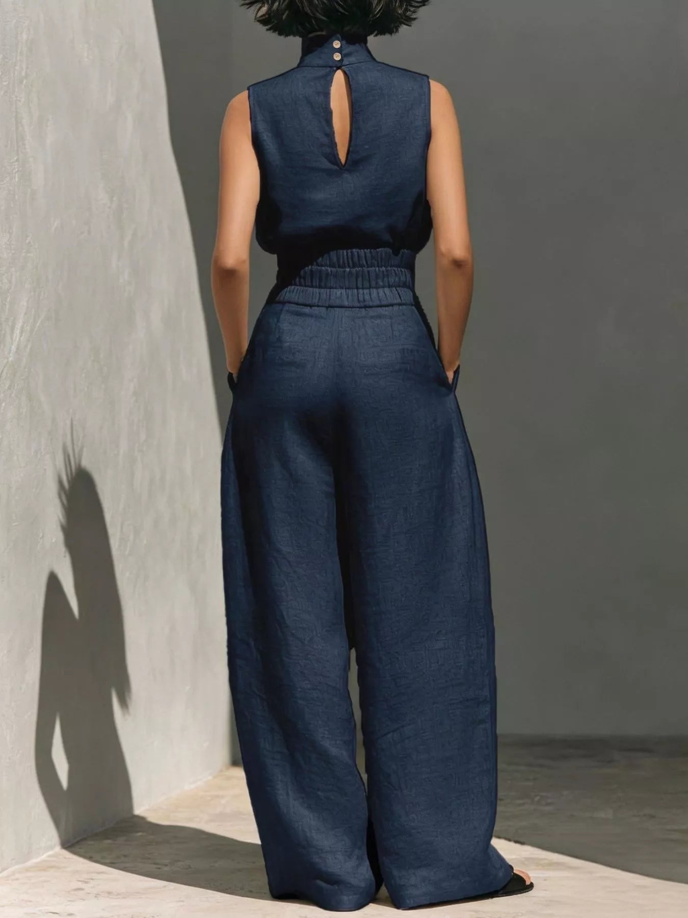Turtleneck Sleeveless Top and Wide Leg Pants Set in Army Green for Women