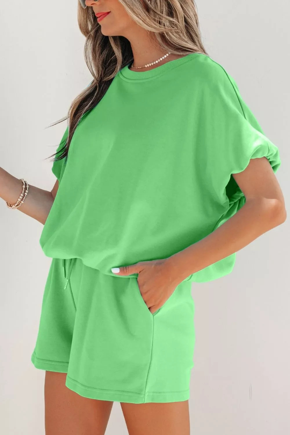 Solid Color Puffy Loose Top Drawstring Shorts Two-Piece Outfit for Women