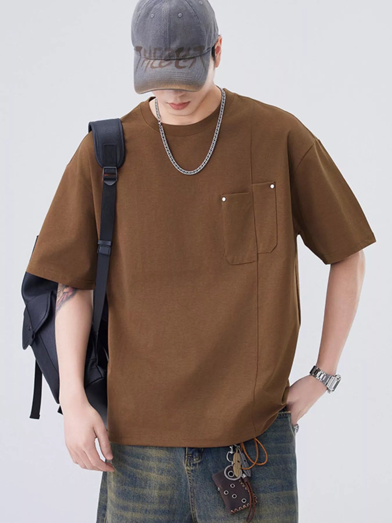 Plus Size Round Neck Short Sleeve T-Shirt in White in Brown for Men