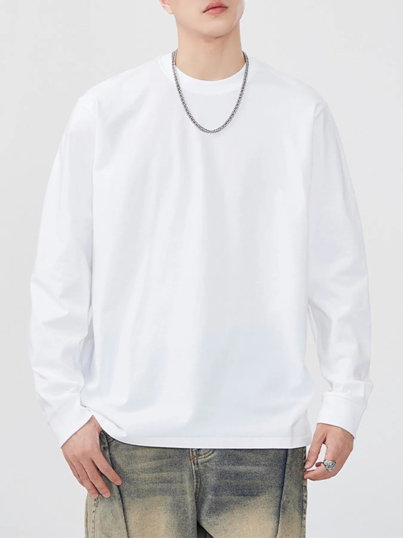 Round Neck Long Sleeve T-Shirt Plus Size in White for Men