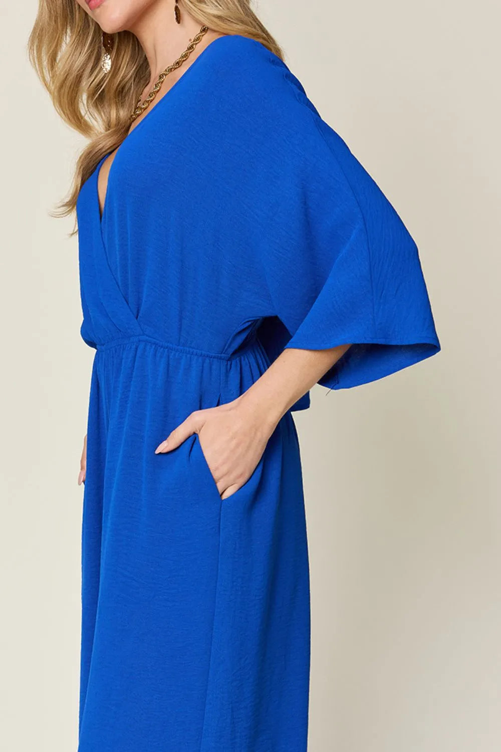 Plus Size Surplice Wide Leg Jumpsuit with Pockets in Royal Blue for Women