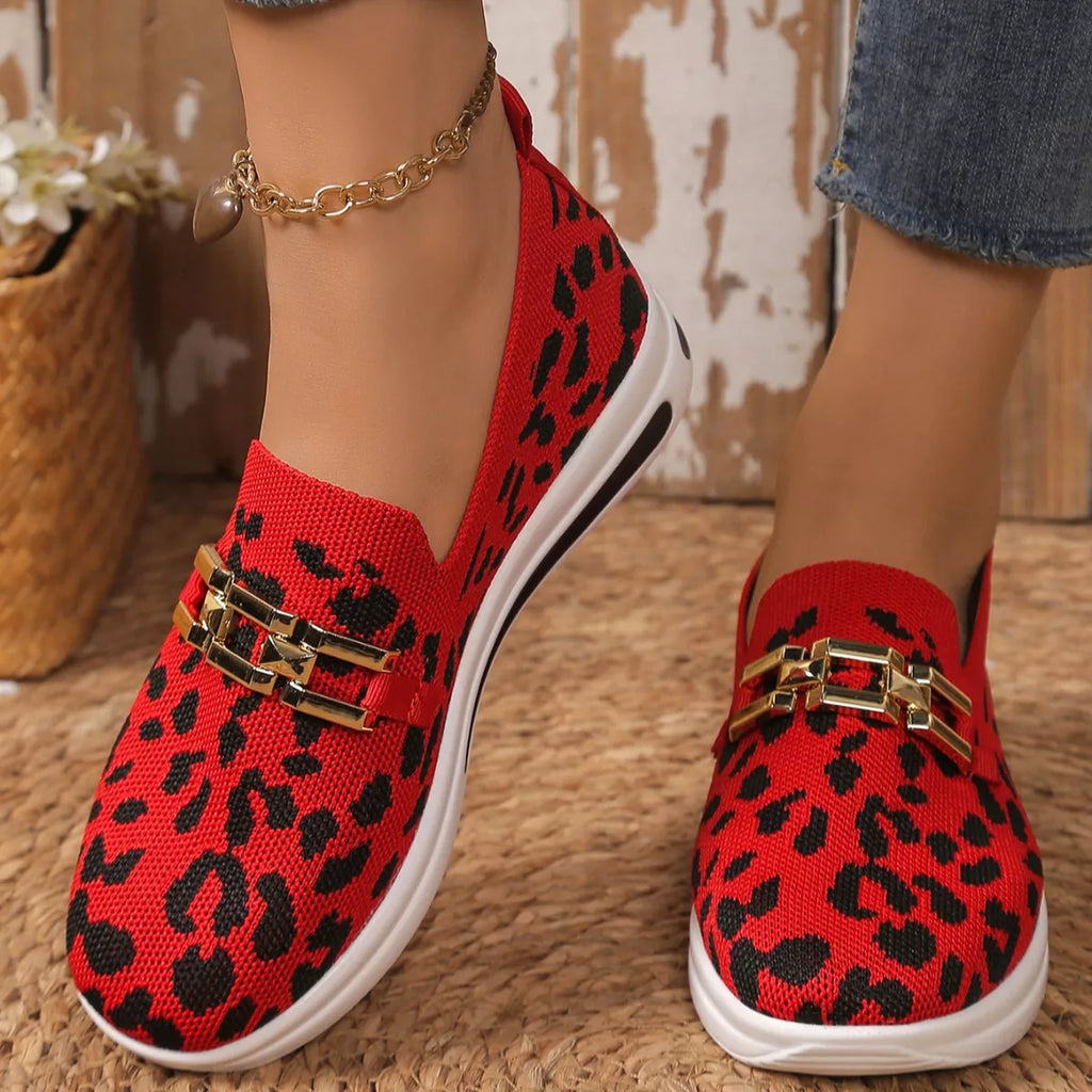 Leopard Round Toe Slip-Ons in Red Leopard Print for Women