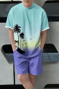 Tropical Print Casual Tee and Shorts Set Plus Size in Blue Purple for Men