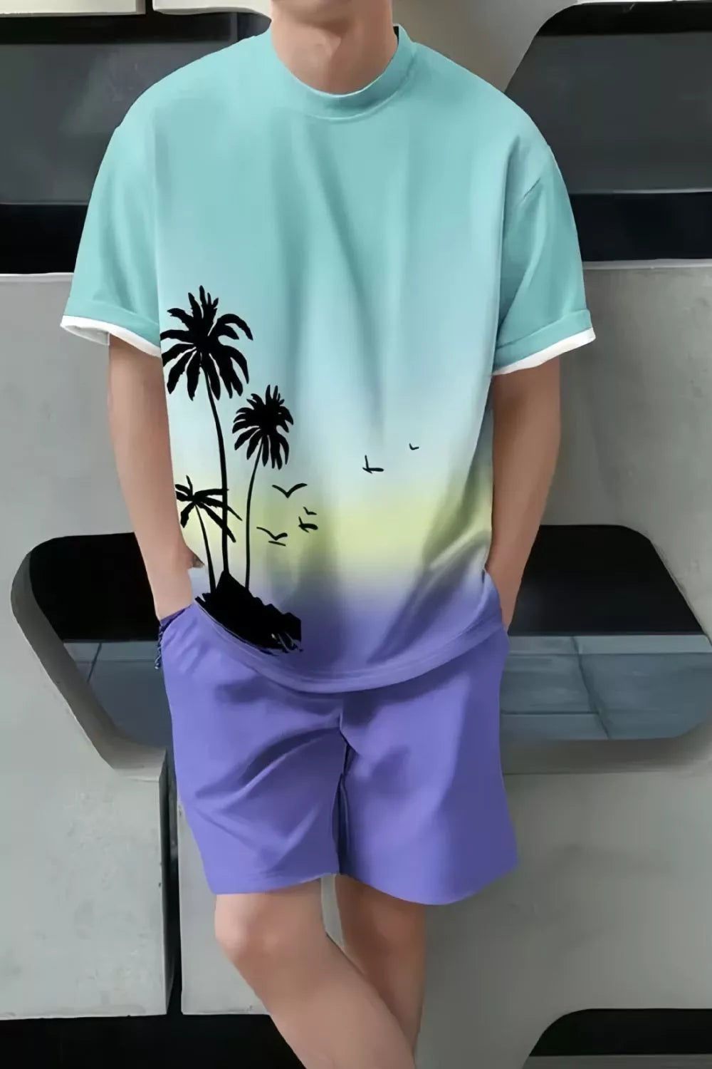 Tropical Print Casual Tee and Shorts Set Plus Size in Blue Purple for Men