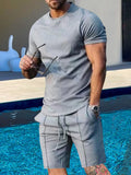 Plus Size Round Neck Short Sleeve Top and Shorts Set in Light Gray in Dark Gray for Men