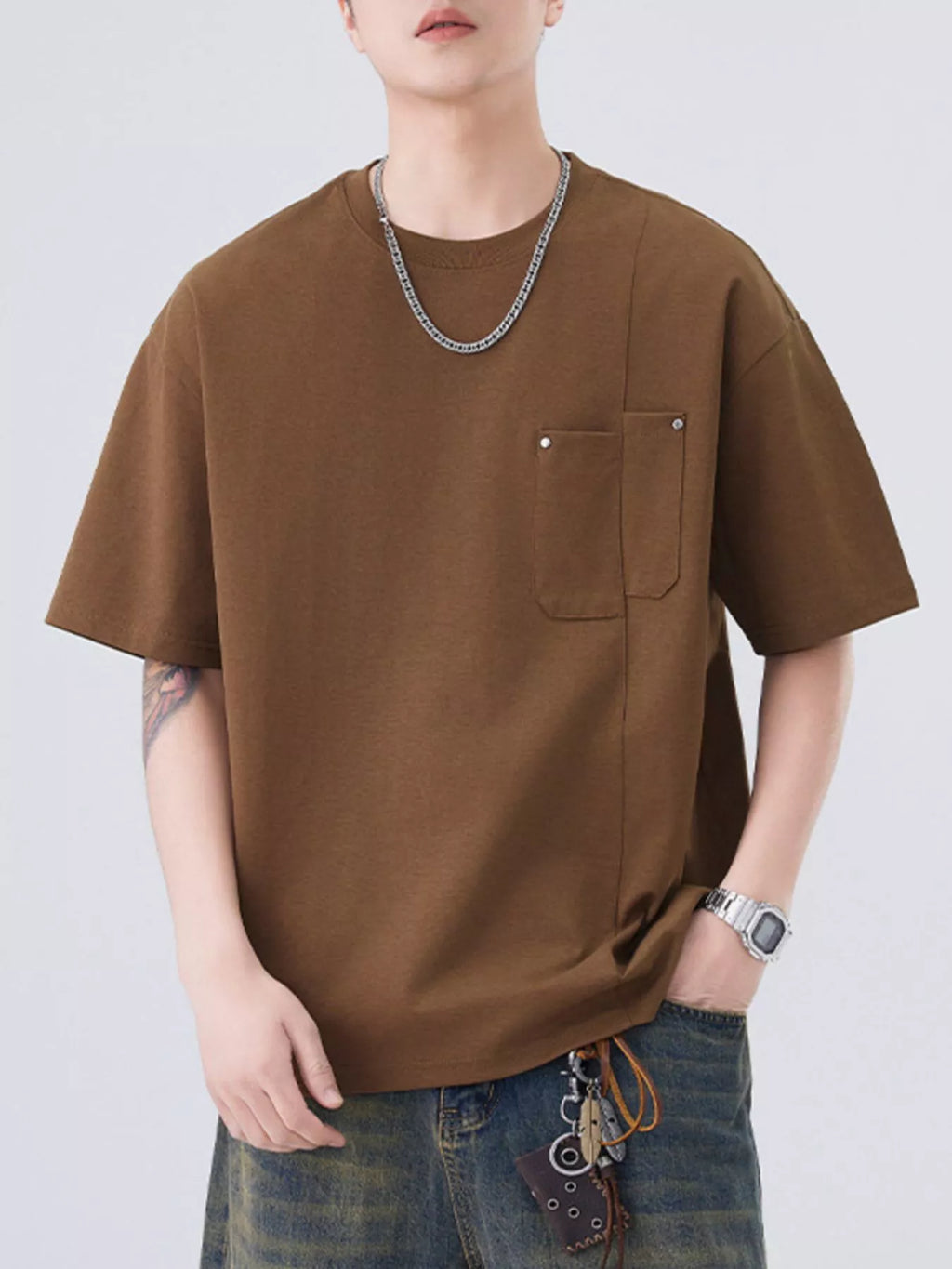 Plus Size Round Neck Short Sleeve T-Shirt in White in Brown for Men