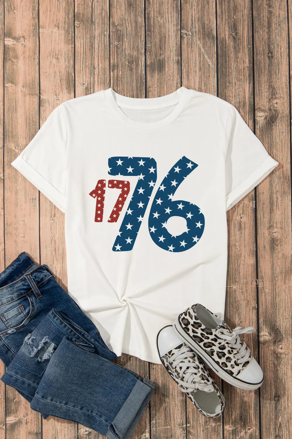 1776 Round Neck Short Sleeve T-Shirt in White for Women