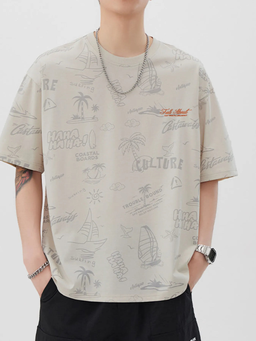 Plus Size Printed Round Neck Relaxed Fit T-Shirt in Apricot for Men