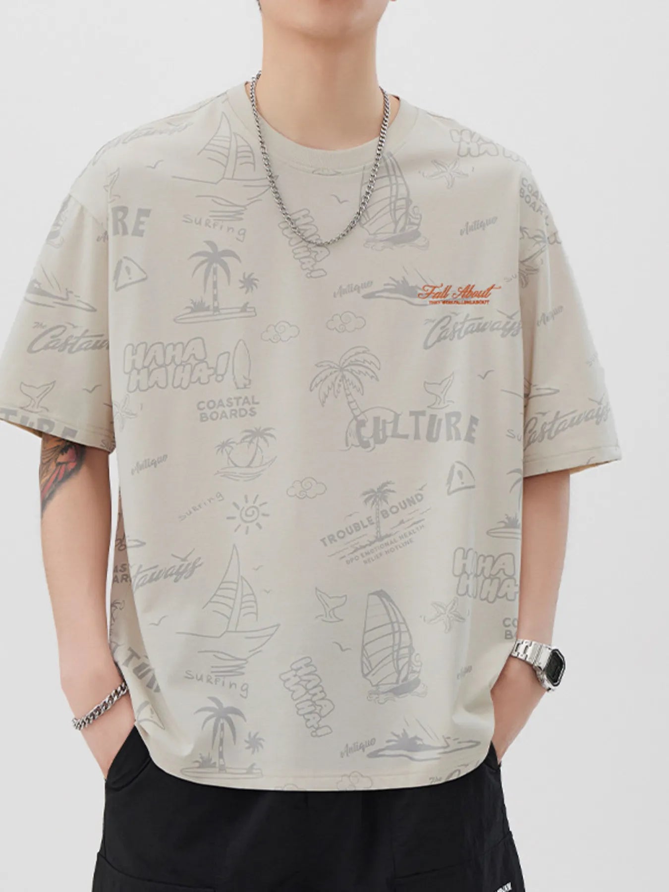 Plus Size Printed Round Neck Relaxed Fit T-Shirt in Apricot for Men