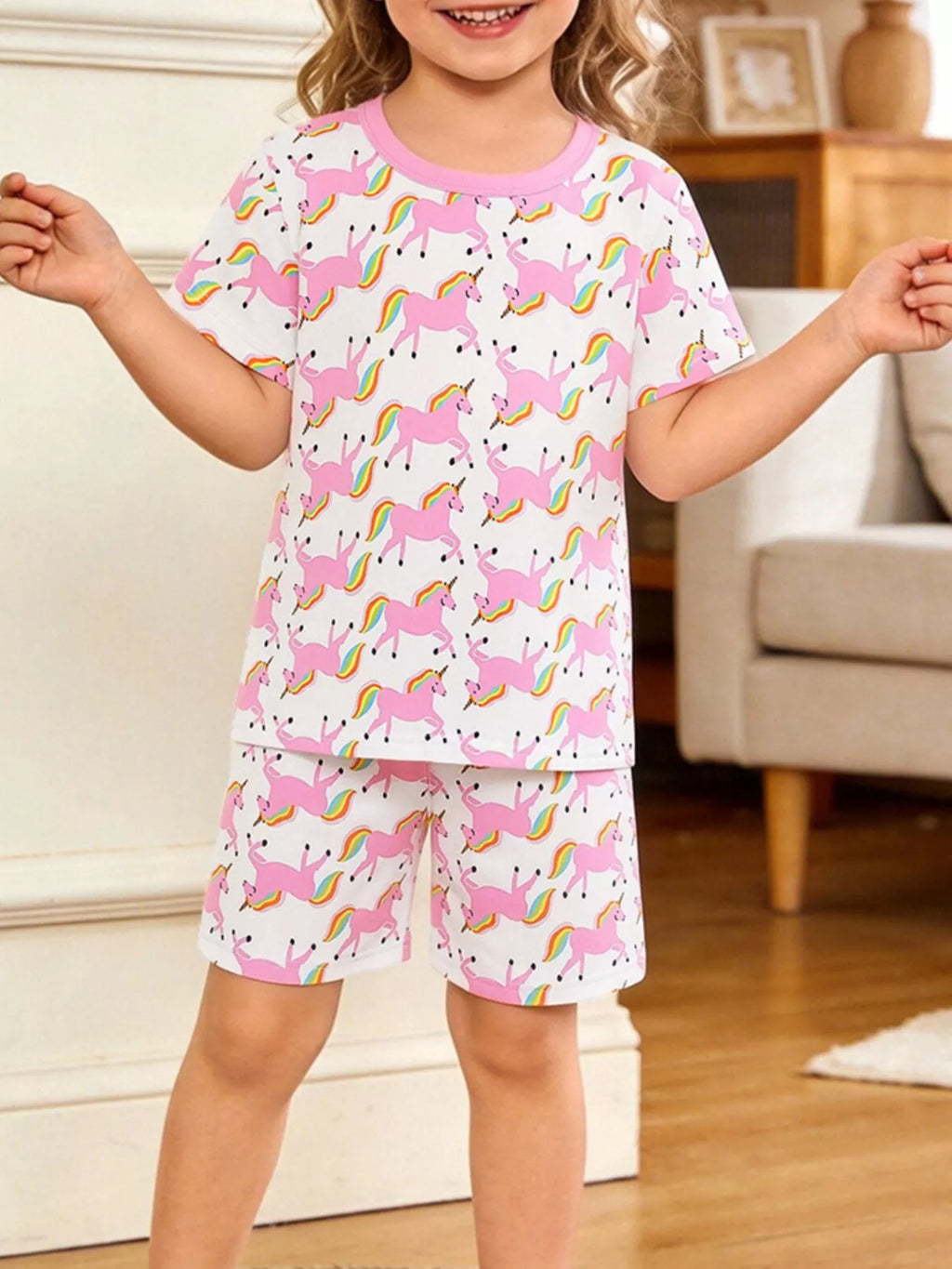 Unicorn Print Short Sleeve Tee and Shorts Set in Blush Pink for Girls