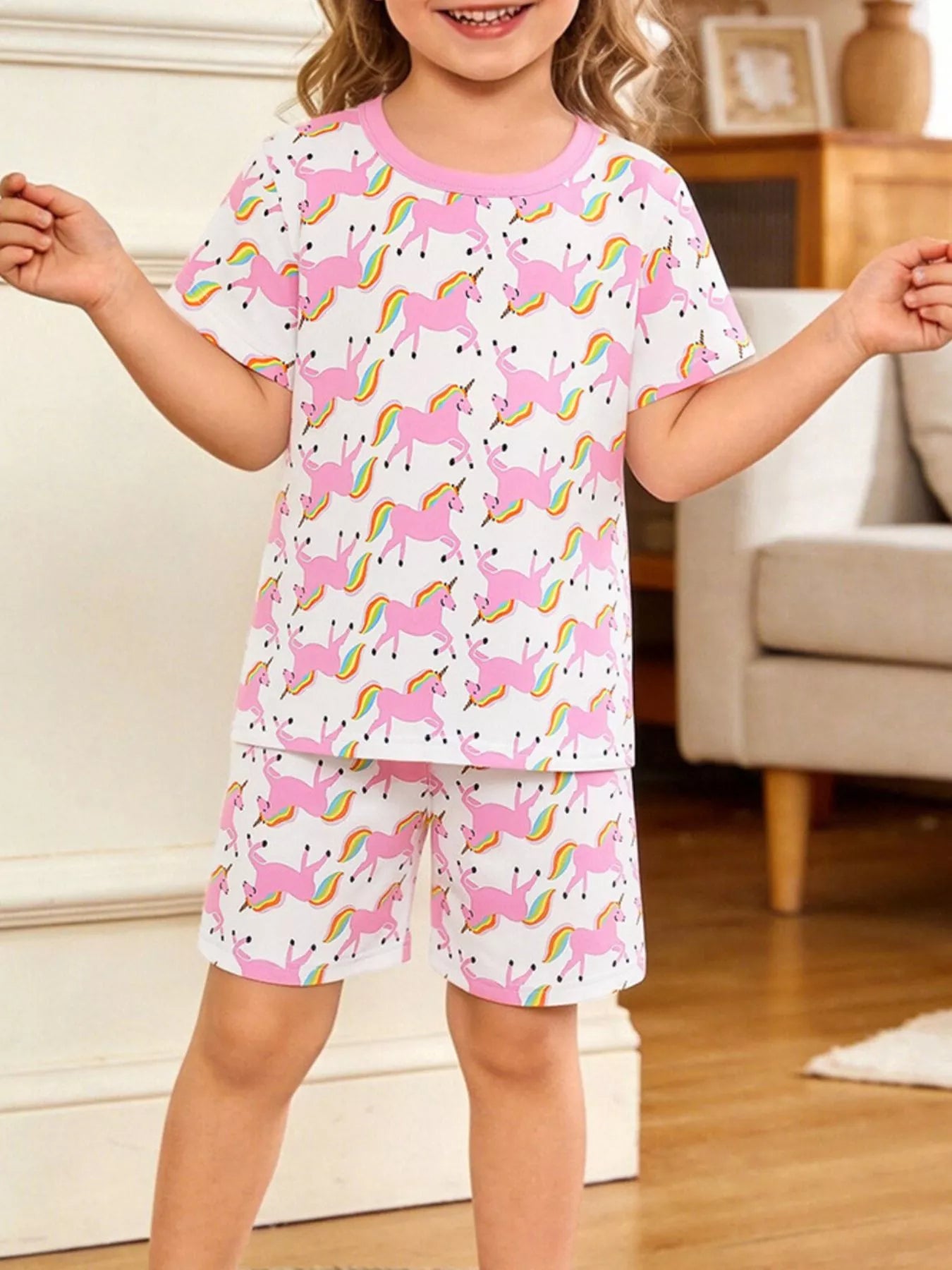 Unicorn Print Short Sleeve Tee and Shorts Set in Blush Pink for Girls
