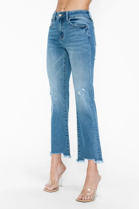 Raw Hem Distressed Mid Rise Crop Jeans for Women