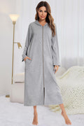 Zip Front Hooded Night Dress with Pockets in Light Gray for Women