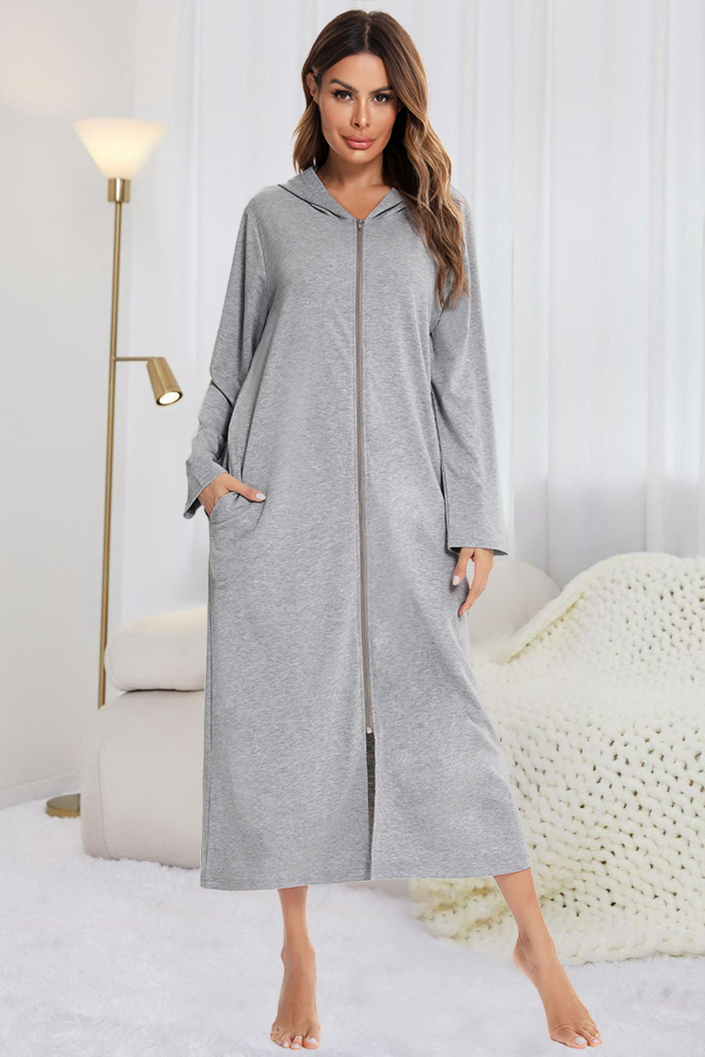 Zip Front Hooded Night Dress with Pockets in Light Gray for Women