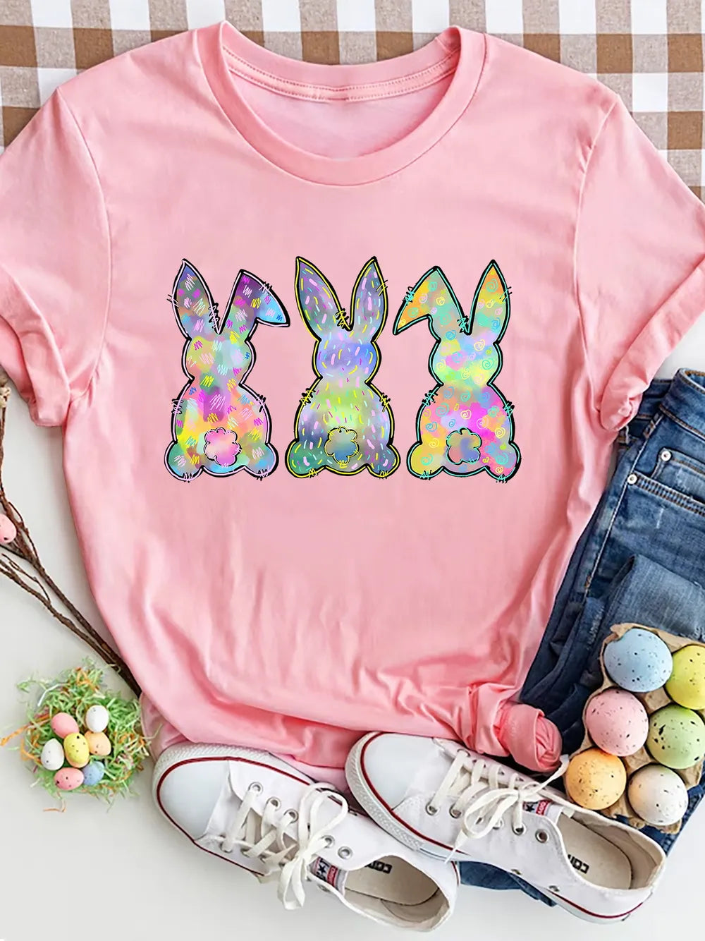 Rabbit Round Neck Short Sleeve T-Shirt in Dark Gray for Women