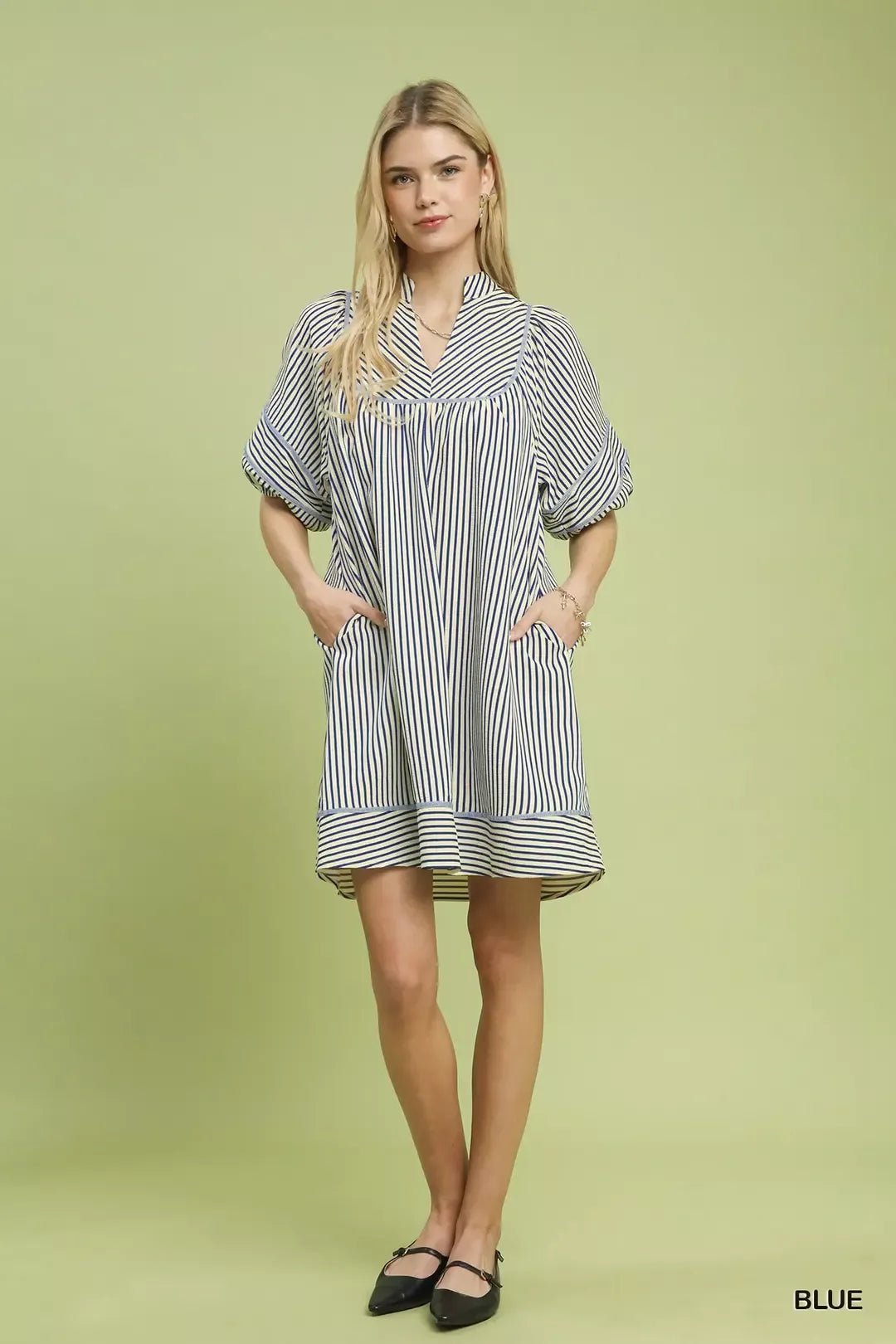 Striped Puff Sleeve Shift Dress in Blue for Women