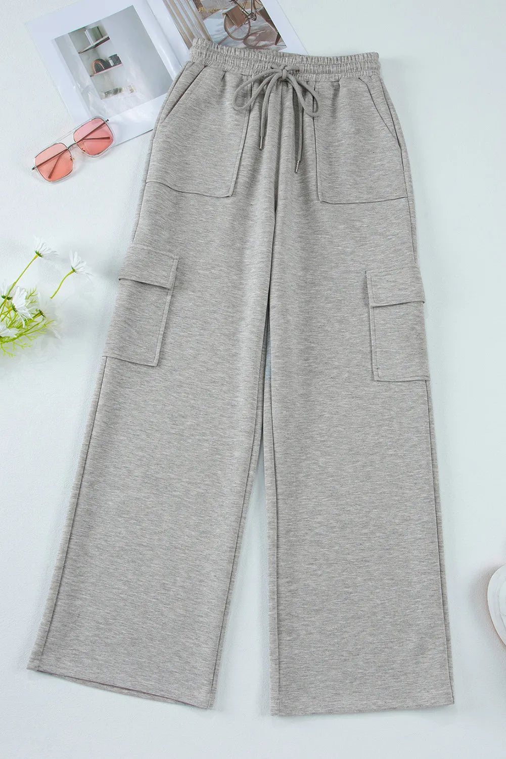 Drawstring Active Pants with Pockets in Gray for Women