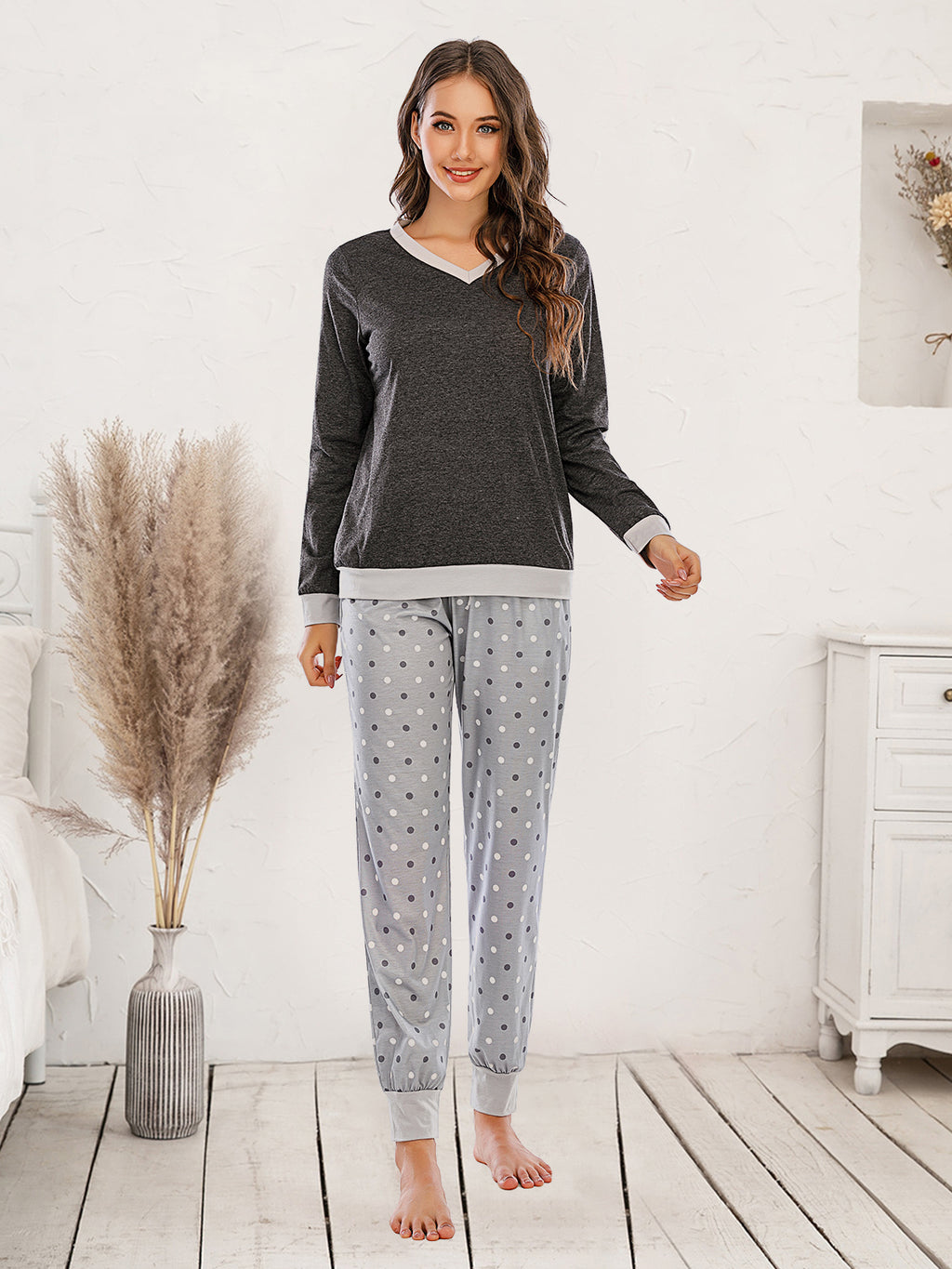 Long Sleeve Top and Polka Dot Pants Set in Black for Women