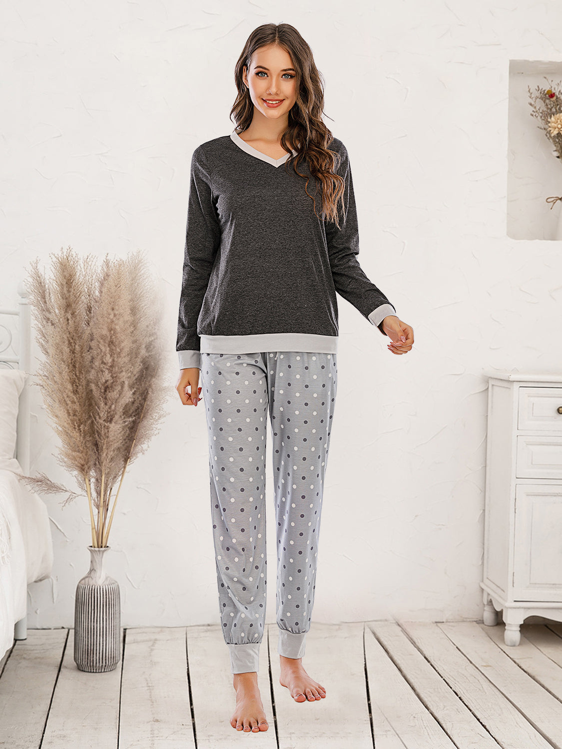 Long Sleeve Top and Polka Dot Pants Set in Black for Women