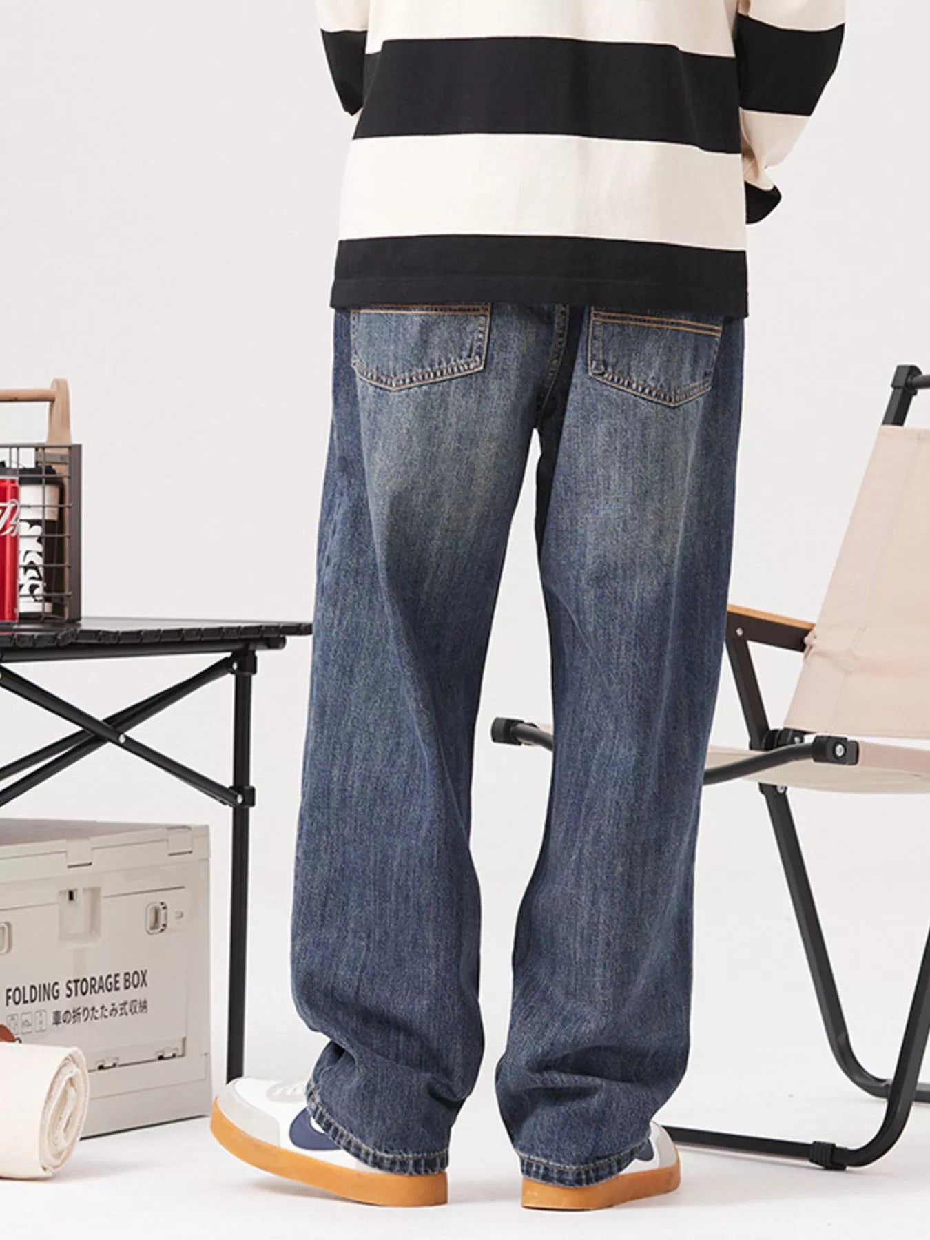 Vintage Wash Loose Fit Jeans in Dusty Blue for Men
