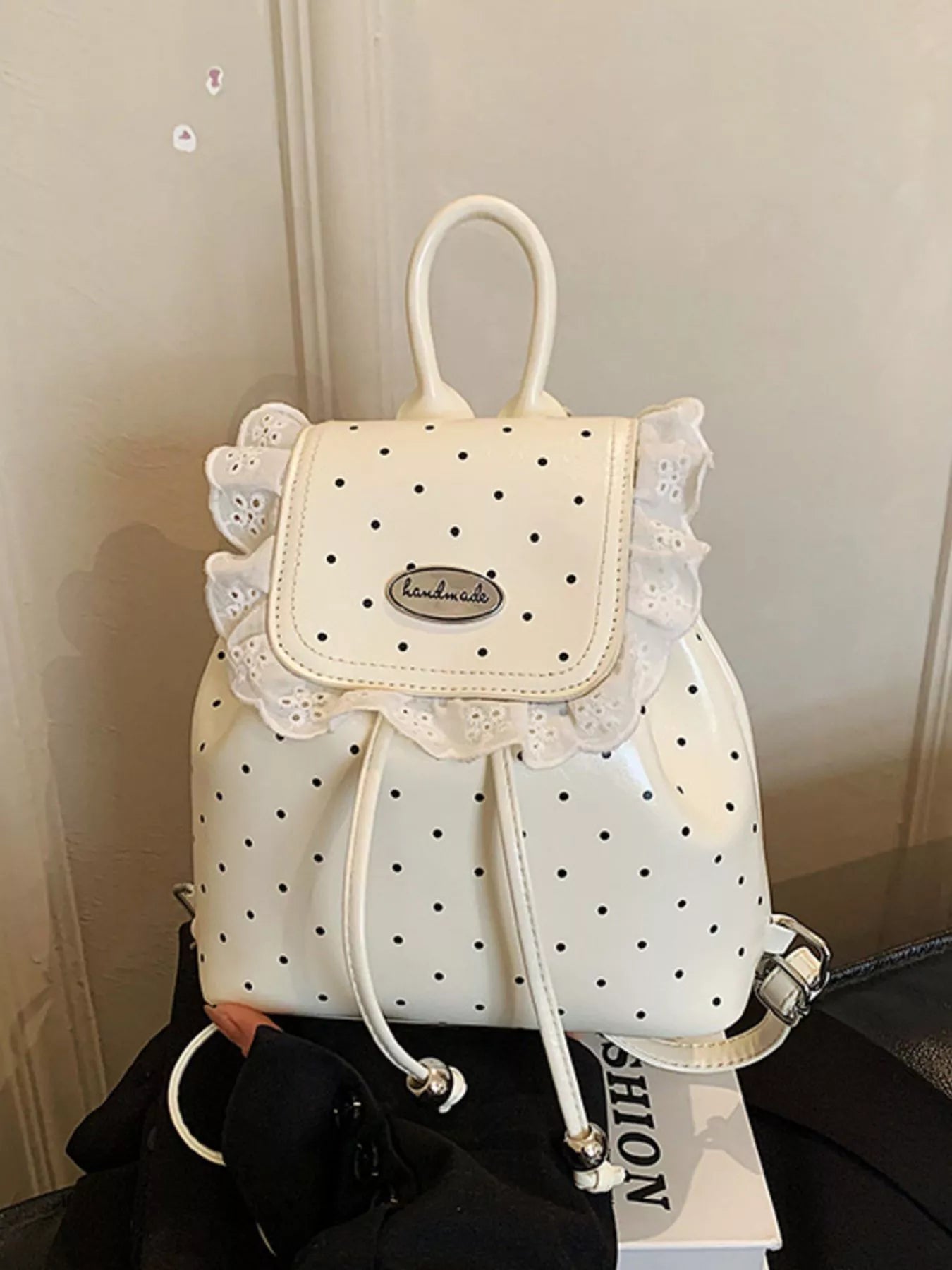 Polka Dot Lace Trim Backpack Bag in Cream for Women