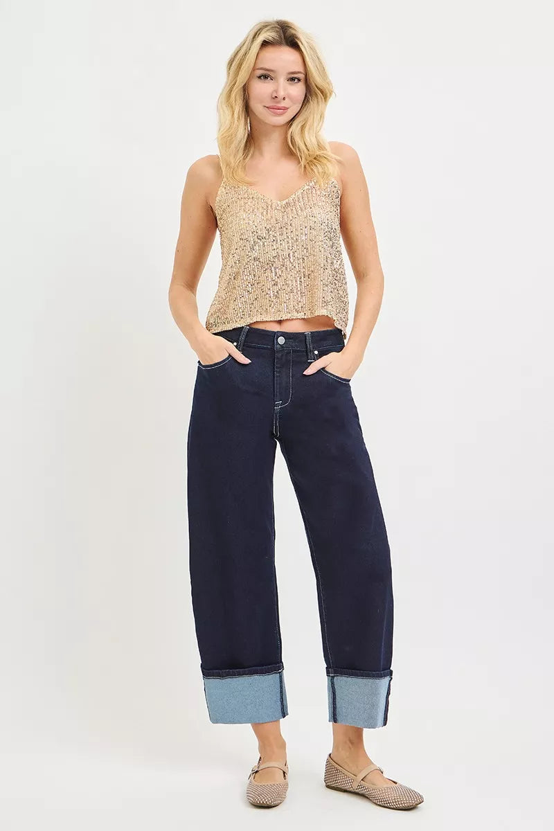 Slouchy Crop Barrel Cuffed Hem Jeans in Solid Dark for Women