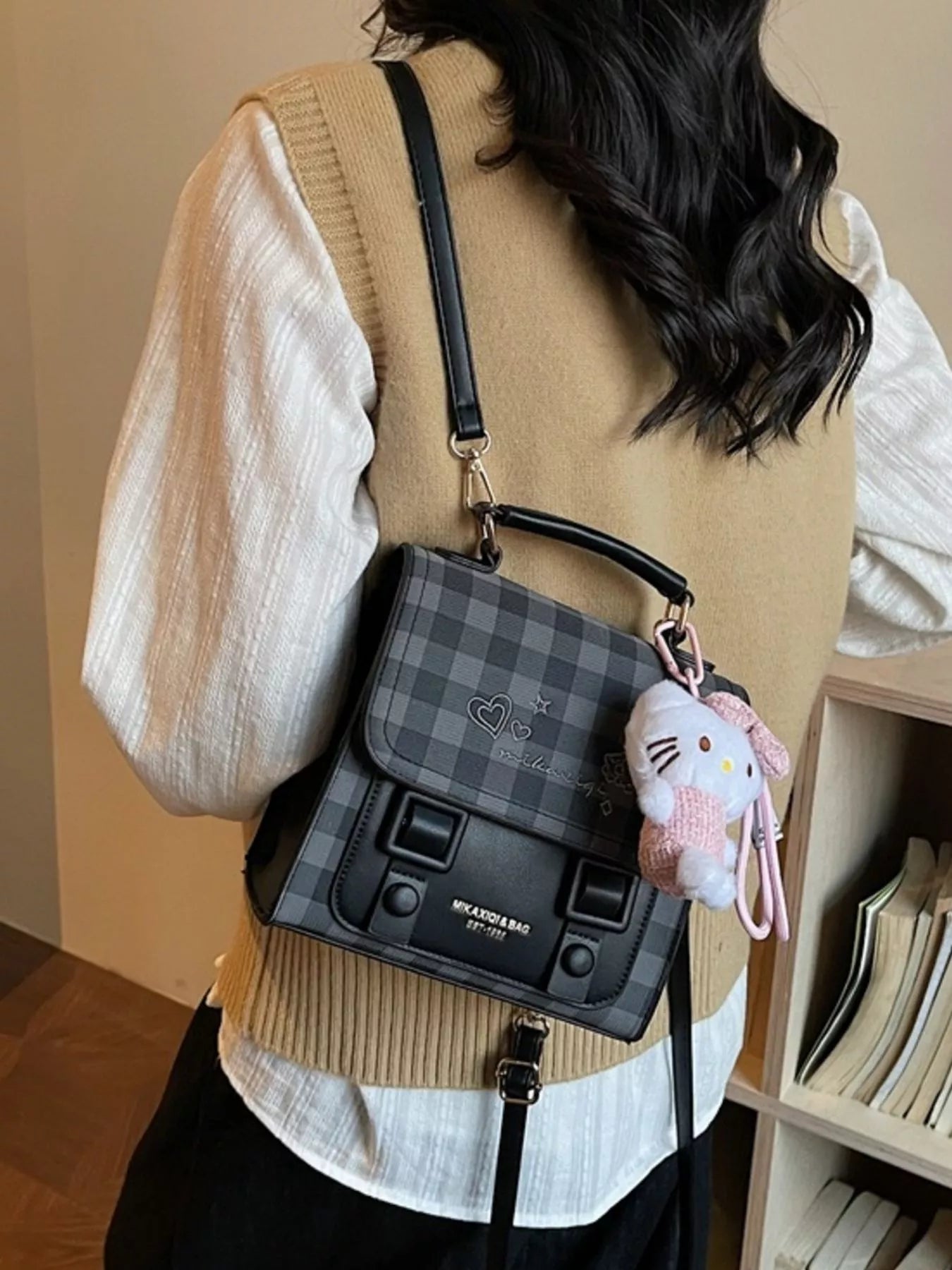 Plaid Pattern Embroidered Flap Backpack Bag for Women