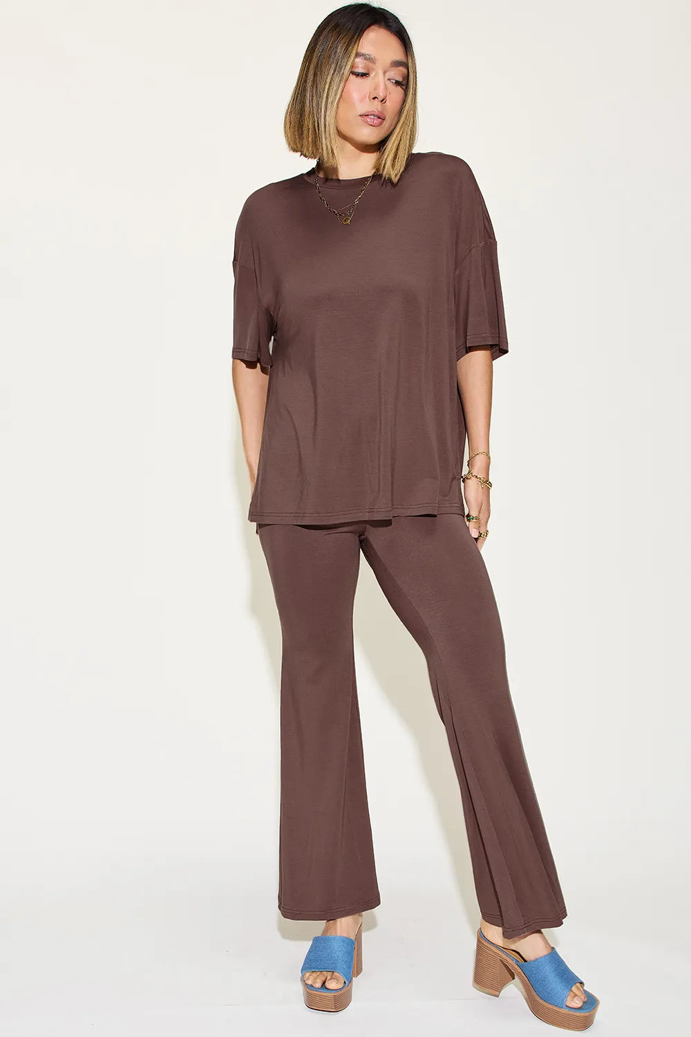 Plus Size Bamboo Drop Shoulder T-Shirt and Flare Pants Set in Black for Women