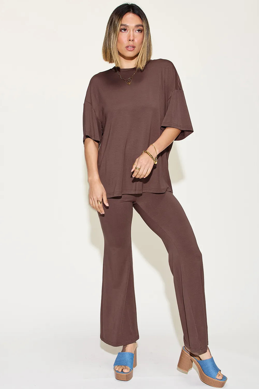 Plus Size Bamboo Drop Shoulder T-Shirt and Flare Pants Set in Coral for Women