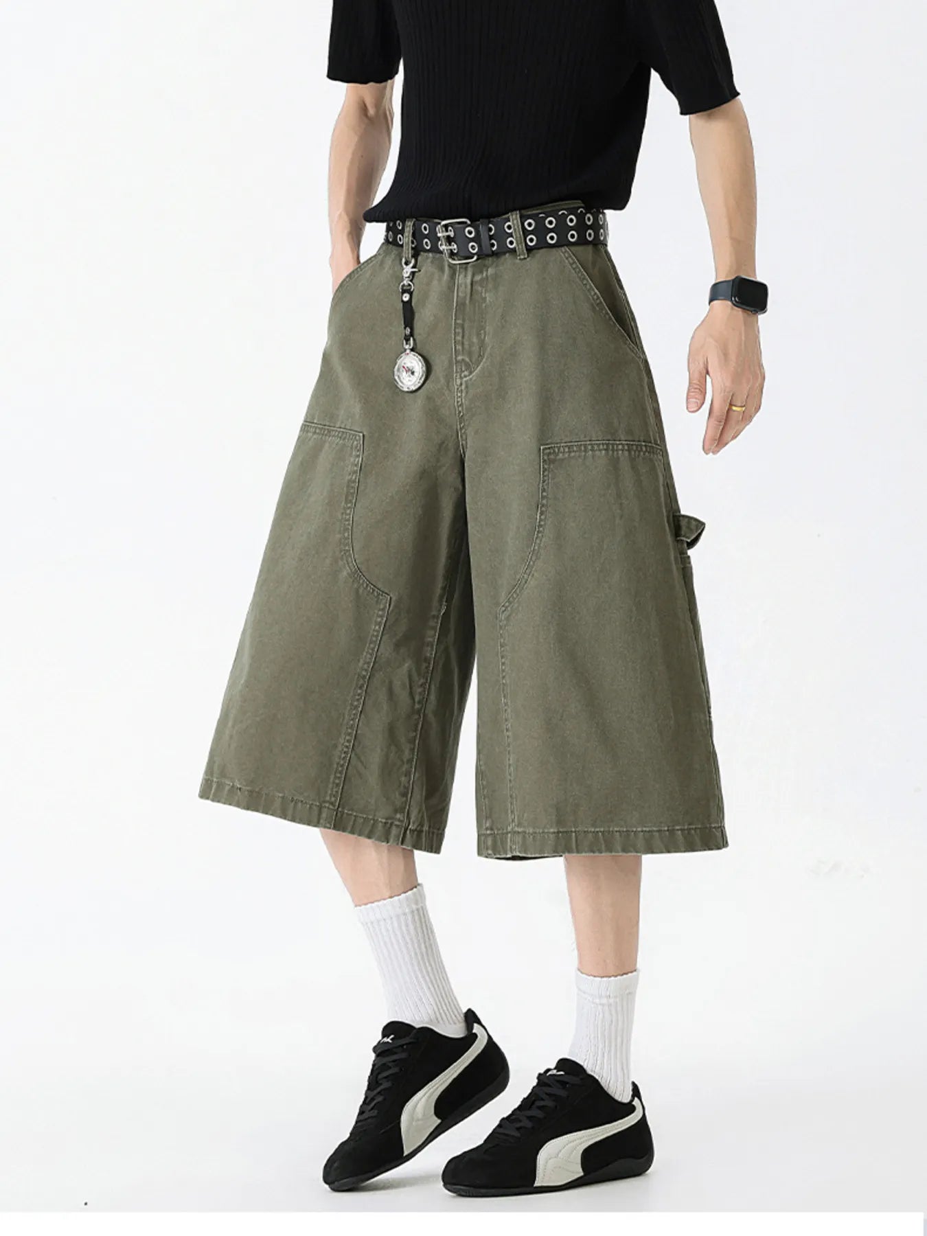 Wide Leg Cargo Denim Shorts Plus Size in Military Green for Men