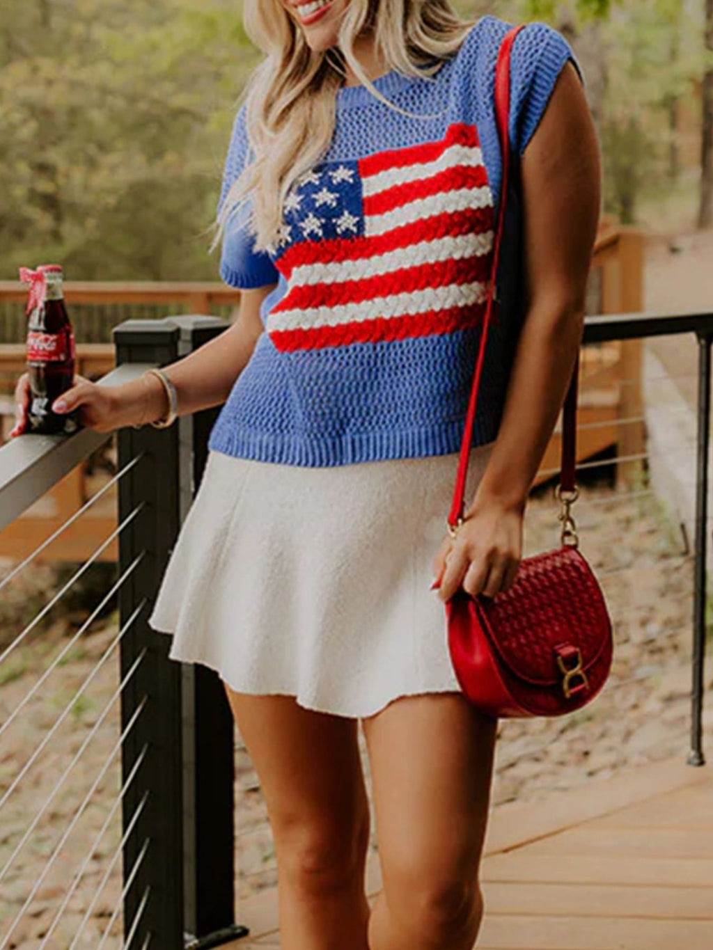 Flag Graphic Short Sleeve Sweater Top in Dusty Blue for Women
