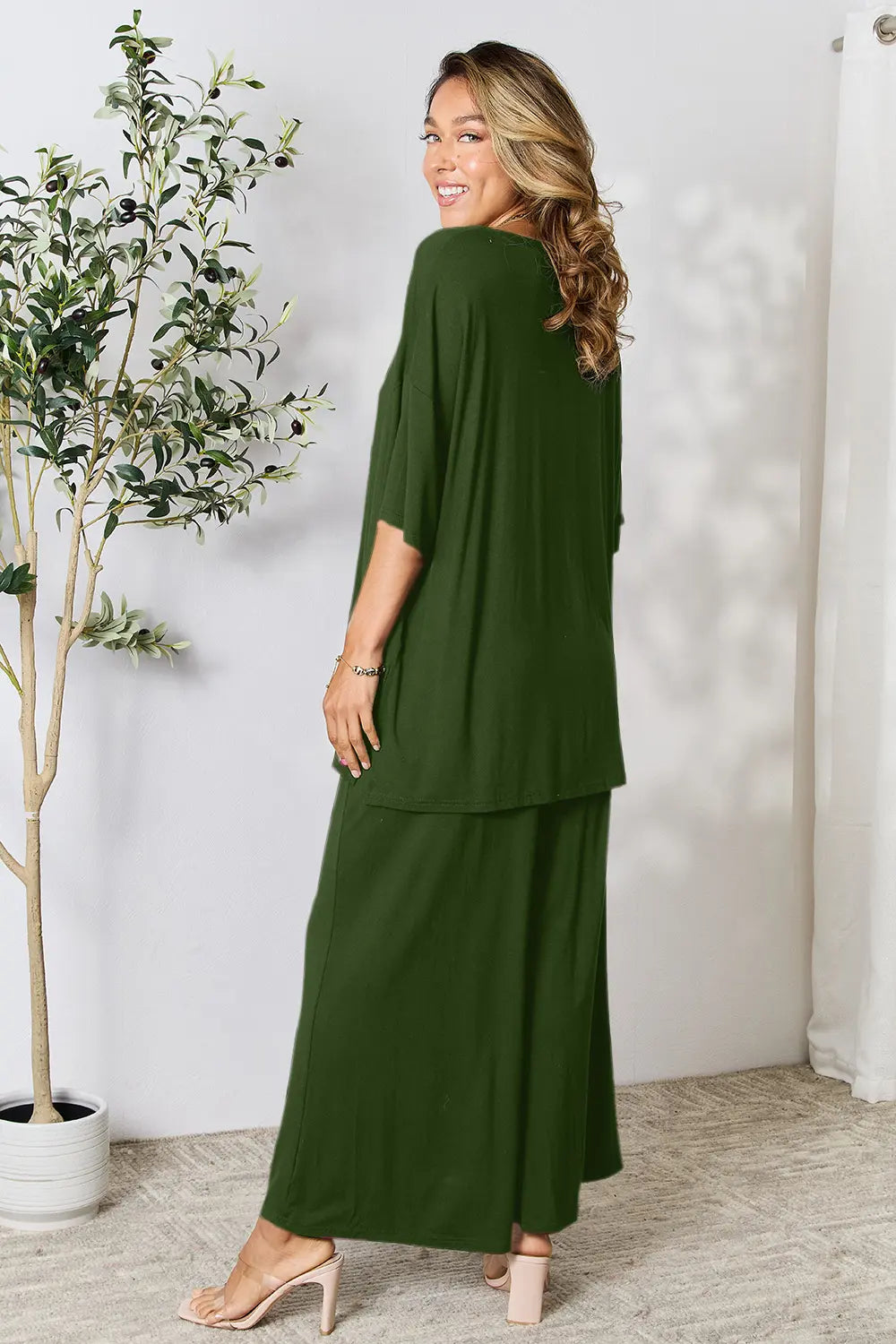 Plus Size Round Neck Slit Top and Pants Set in Army Green for Women