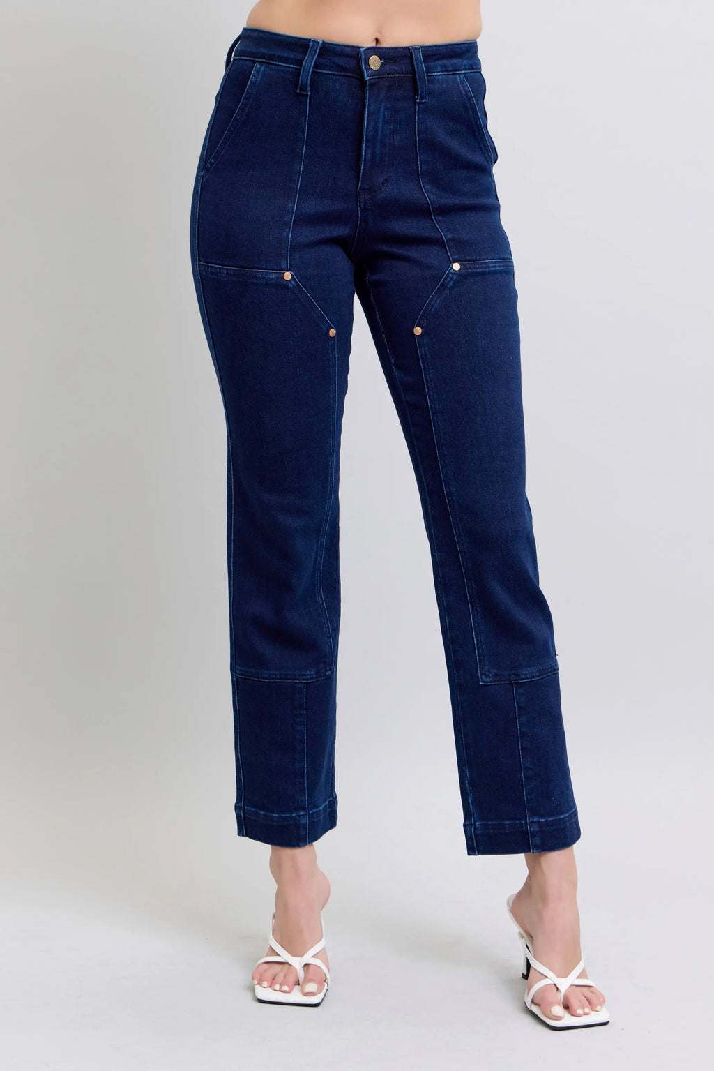 High Waist Work Wear Knee Patch Straight Jeans Plus Size in Dark for Women