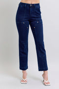High Waist Work Wear Knee Patch Straight Jeans Plus Size in Dark for Women