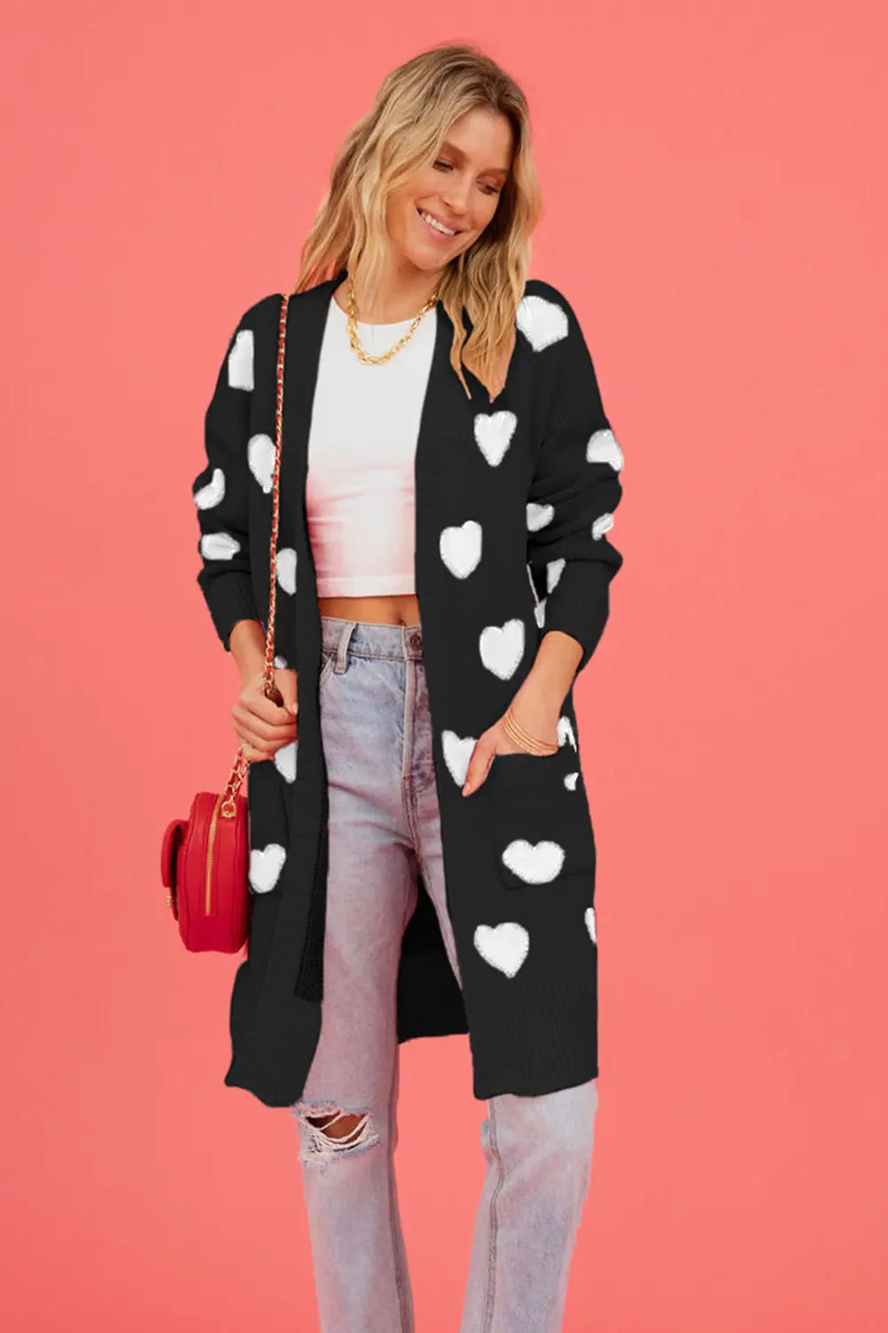 Heart Graphic Open Front Cardigan with Pockets in Black for Women