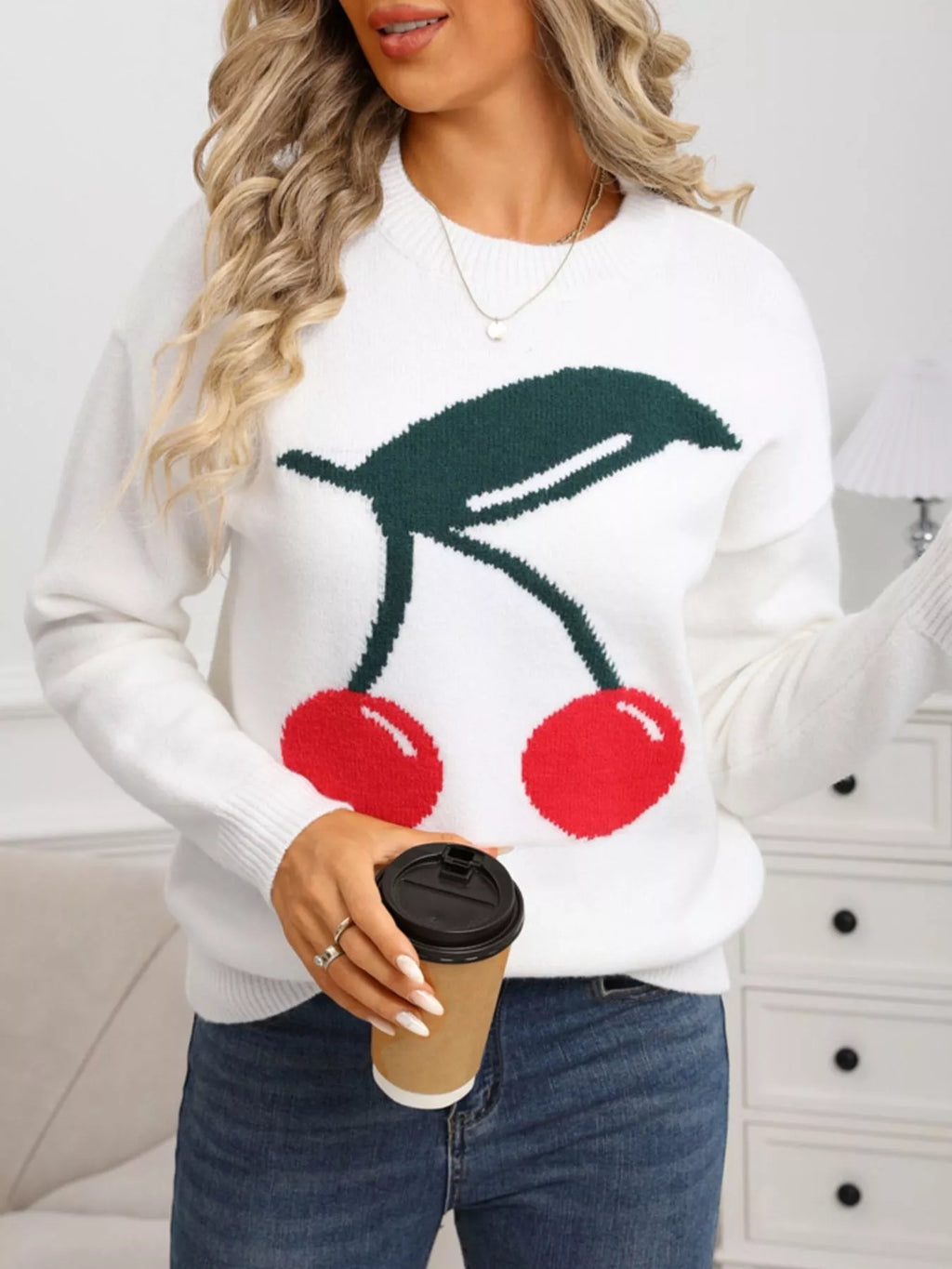 Cherry Round Neck Sweater in Black for Women
