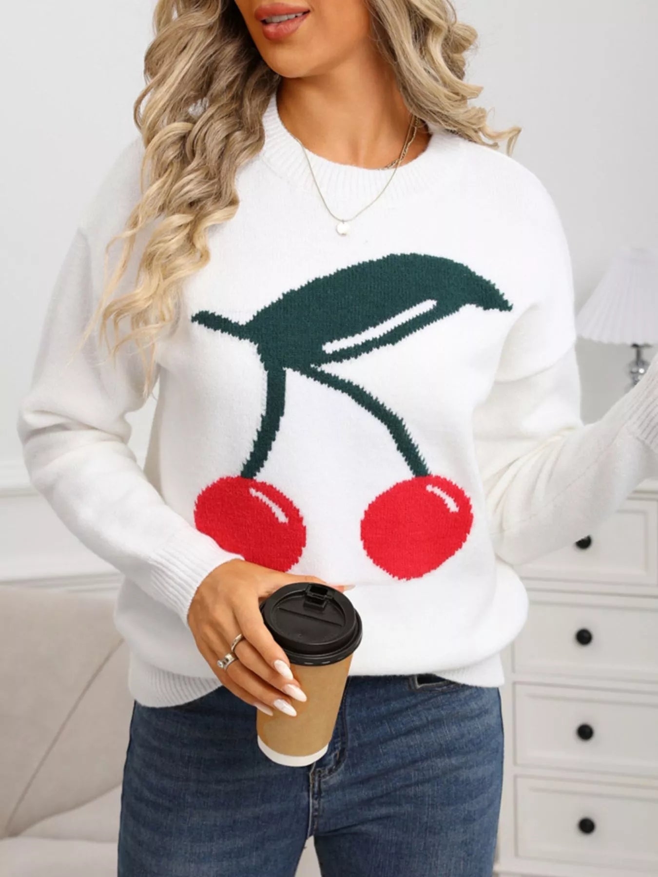 Cherry Round Neck Sweater in Black for Women