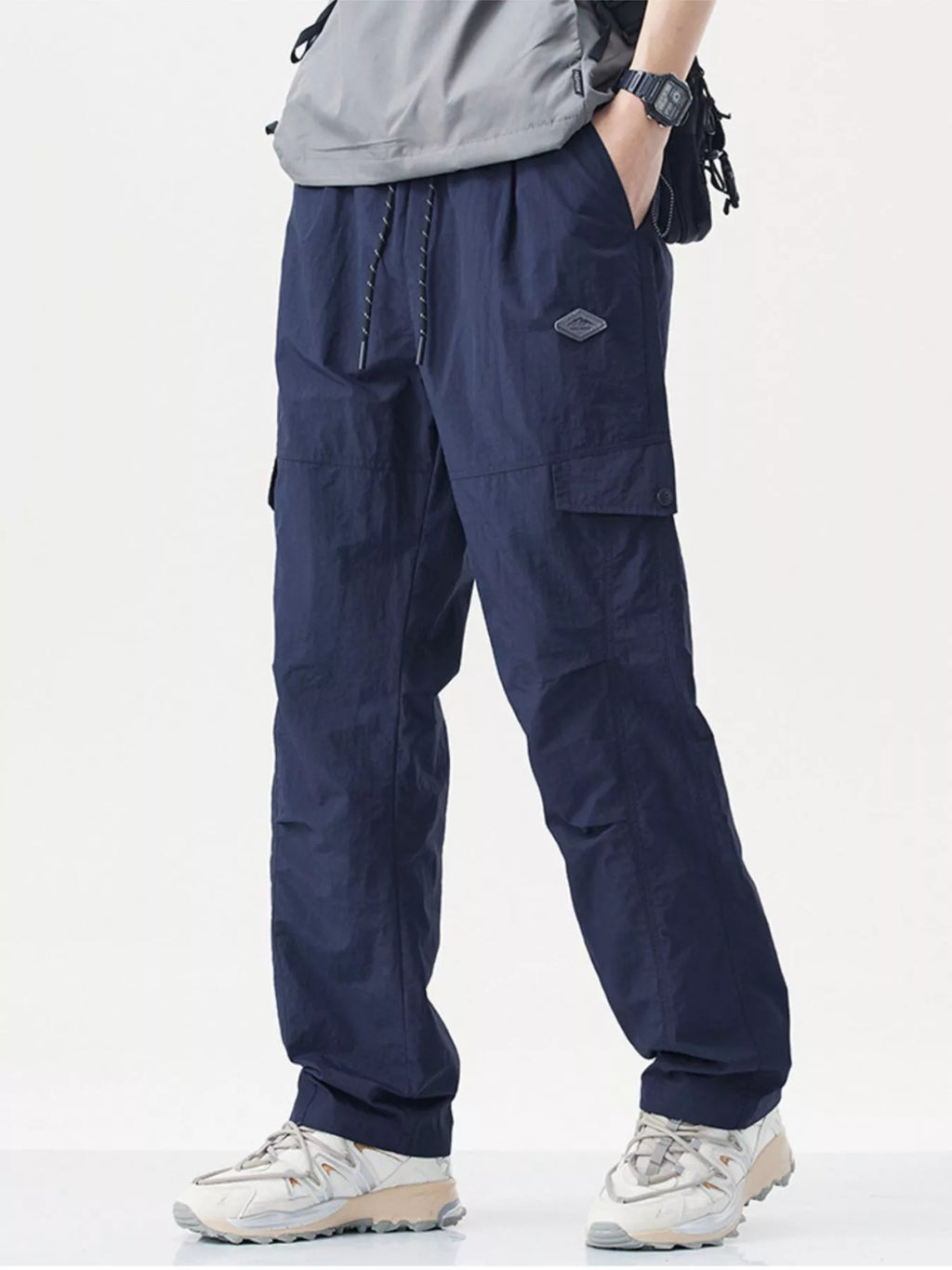 Plus Size Relaxed Fit Cargo Pants with Drawstring in Navy Blue for Men