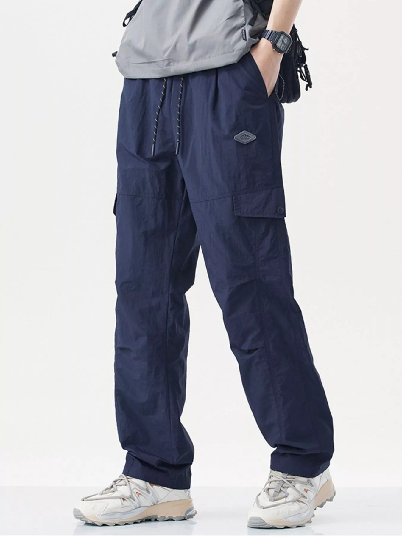 Plus Size Relaxed Fit Cargo Pants with Drawstring in Navy Blue for Men