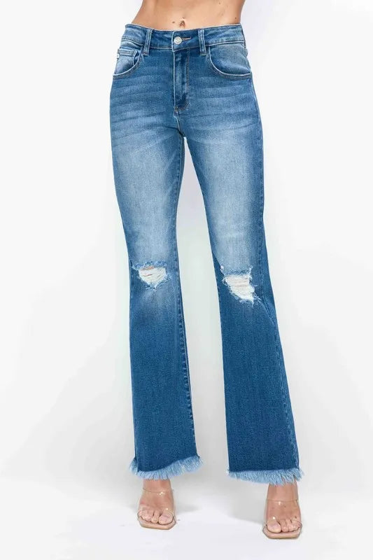 Plus Size Raw Hem Distressed High Rise Bootcut Jeans in Medium for Women