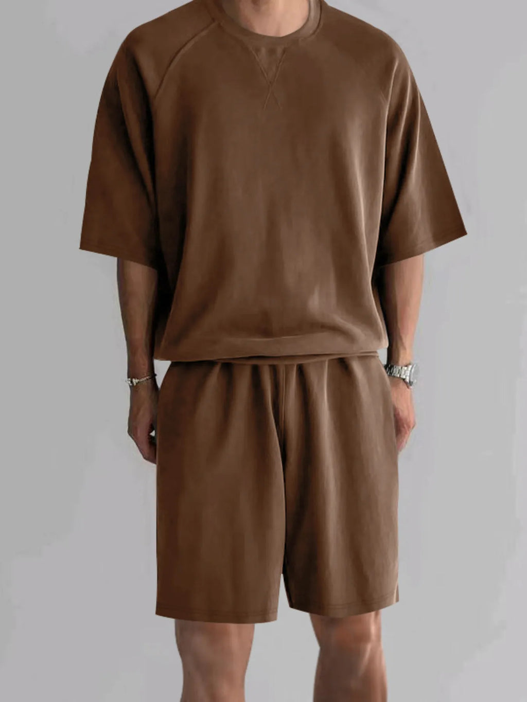 Round Neck Top and Shorts Set Plus Size in Black for Men