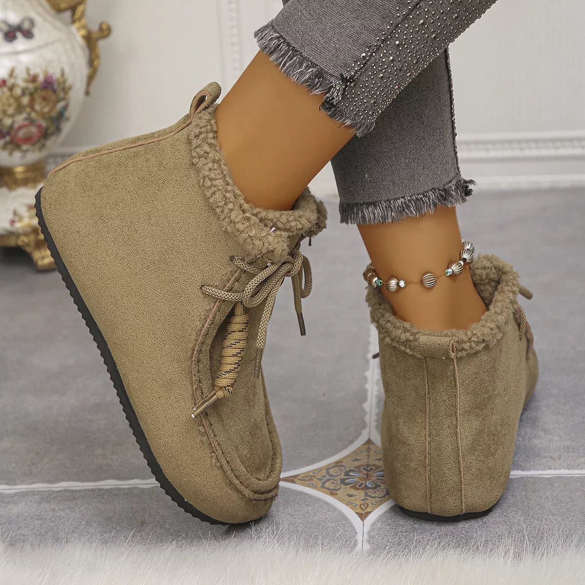 Plush Lined Ankle Boots in Brown for Women