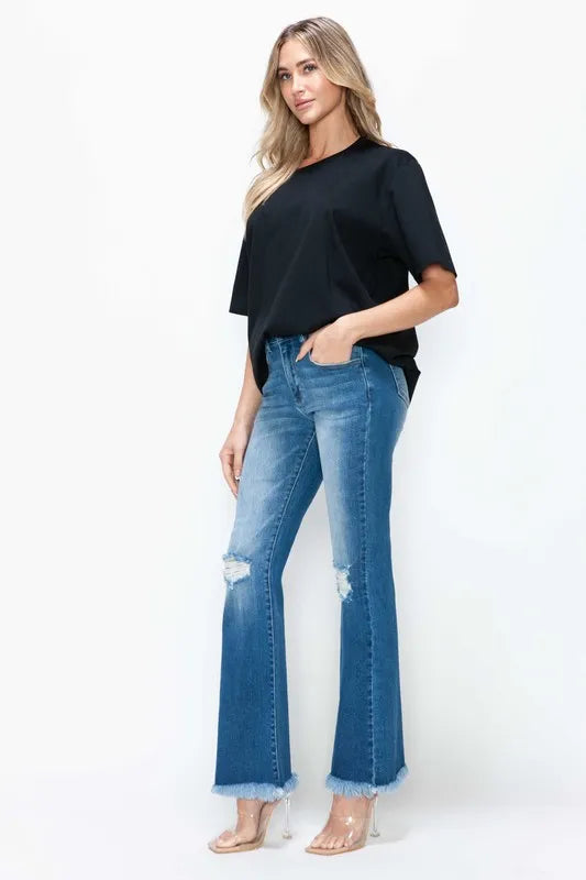 Plus Size Raw Hem Distressed High Rise Bootcut Jeans in Medium for Women