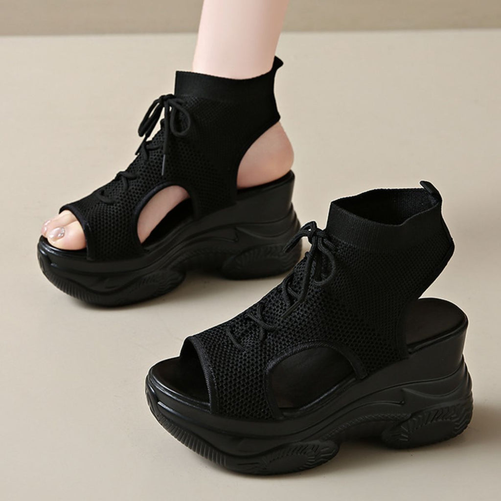 Cutout Mesh Wedge Sandals in White Lace for Women