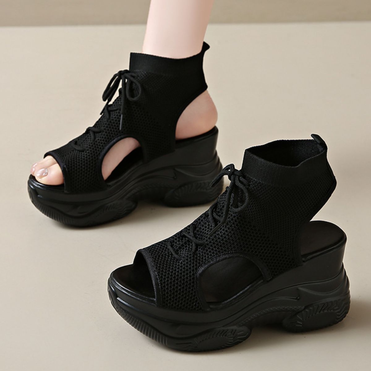 Cutout Mesh Wedge Sandals in White Lace for Women
