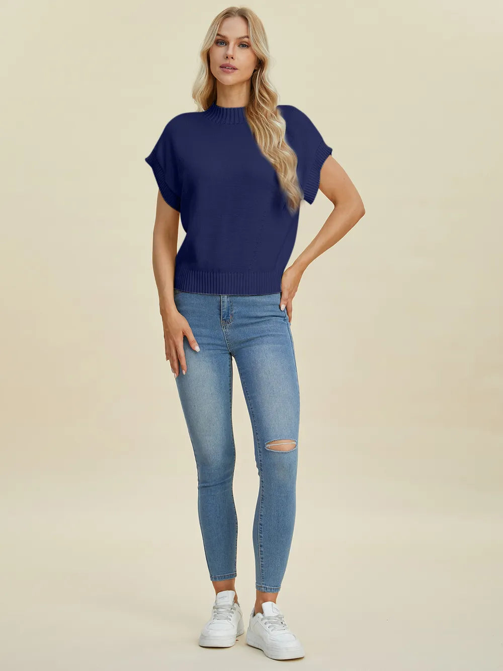 Plus Size Mock Neck Short Sleeve Sweater in Black for Women