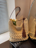 Woven Straw Shoulder Bag with Tassels in Cream White for Women