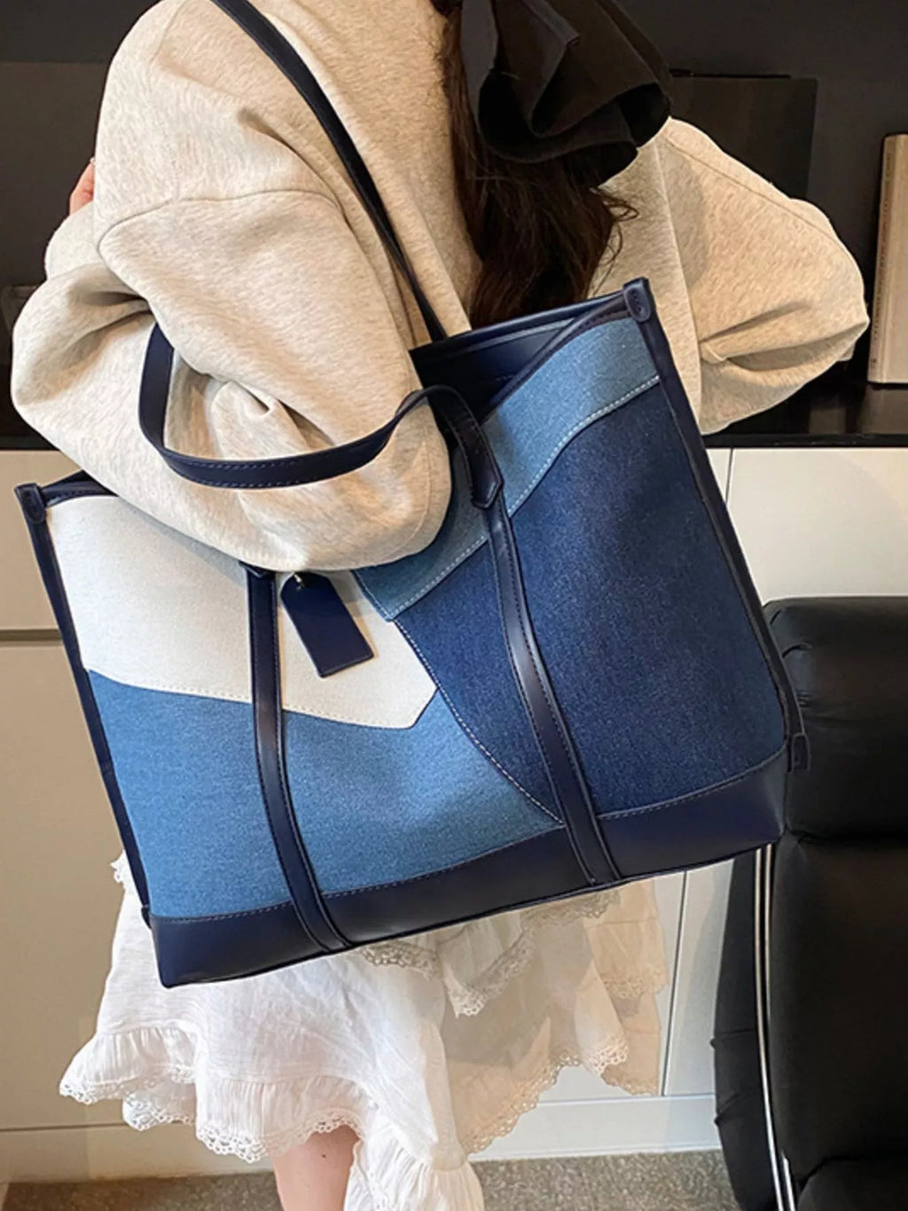 Color Block Denim Shoulder Bag for Women