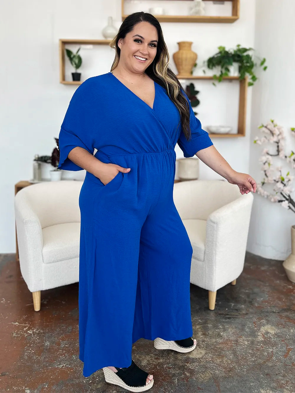 Plus Size Surplice Wide Leg Jumpsuit with Pockets in Mid Green for Women